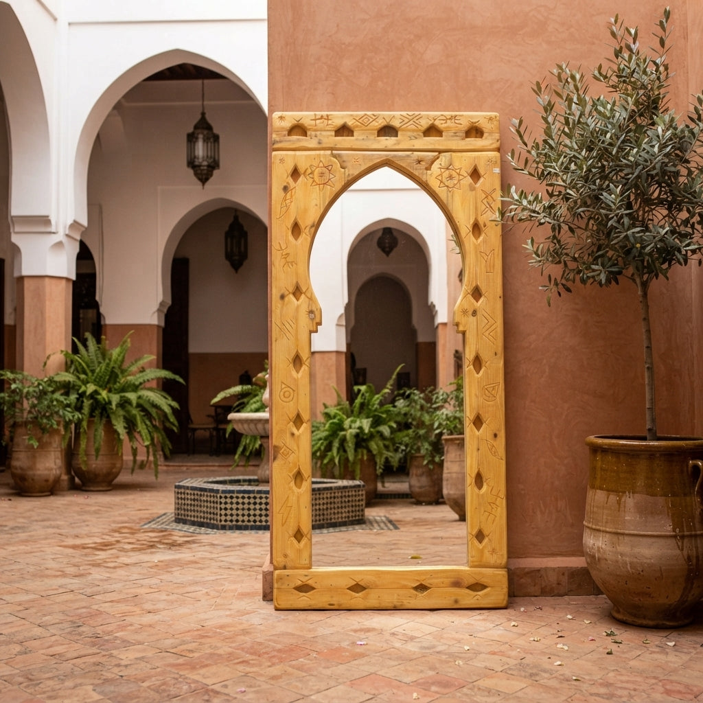 Miroir Arcade en Bois Massif Sculpté - Motifs Berbères