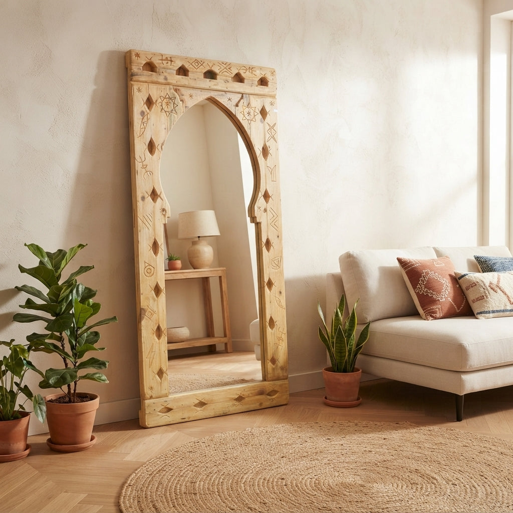 Miroir Arcade en Bois Massif Sculpté - Motifs Berbères